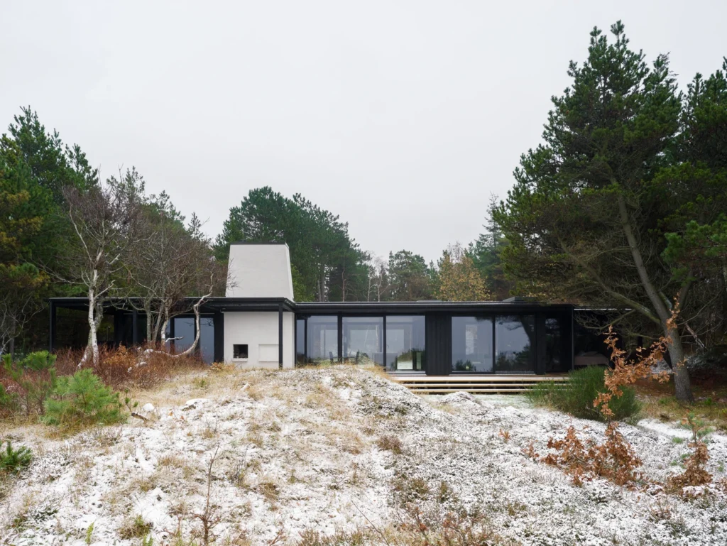 Moderne hus med store glaspartier og træer omkring.